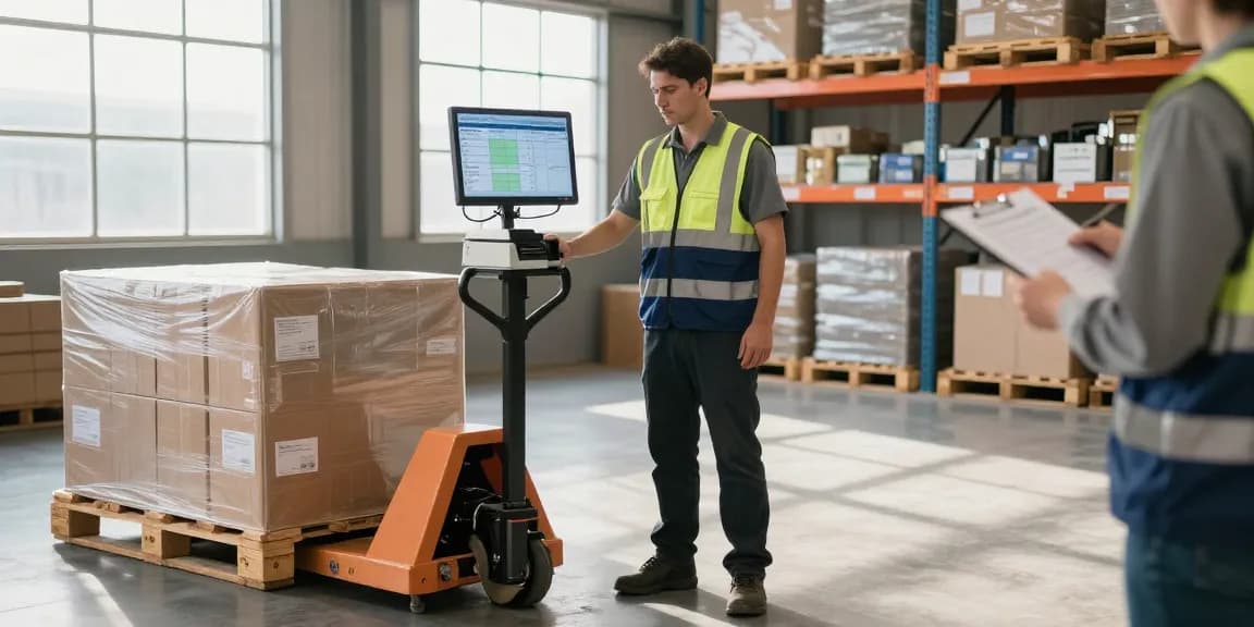 Operator using a manual pallet truck with scale and printer in a busy warehouse setting, managing cargo efficiently.