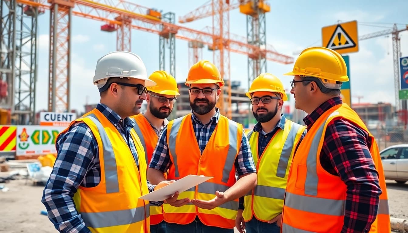 Workers participating in construction safety programs while on-site, showcasing best practices and teamwork.