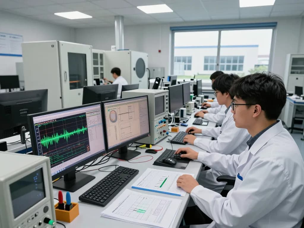 Engineers conducting VSWR measurement analysis in a high-tech EMC testing lab.