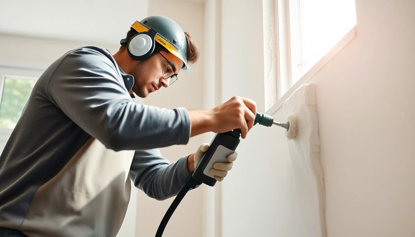 Spray foam removal companies expert demonstrating efficient techniques in a bright workspace.