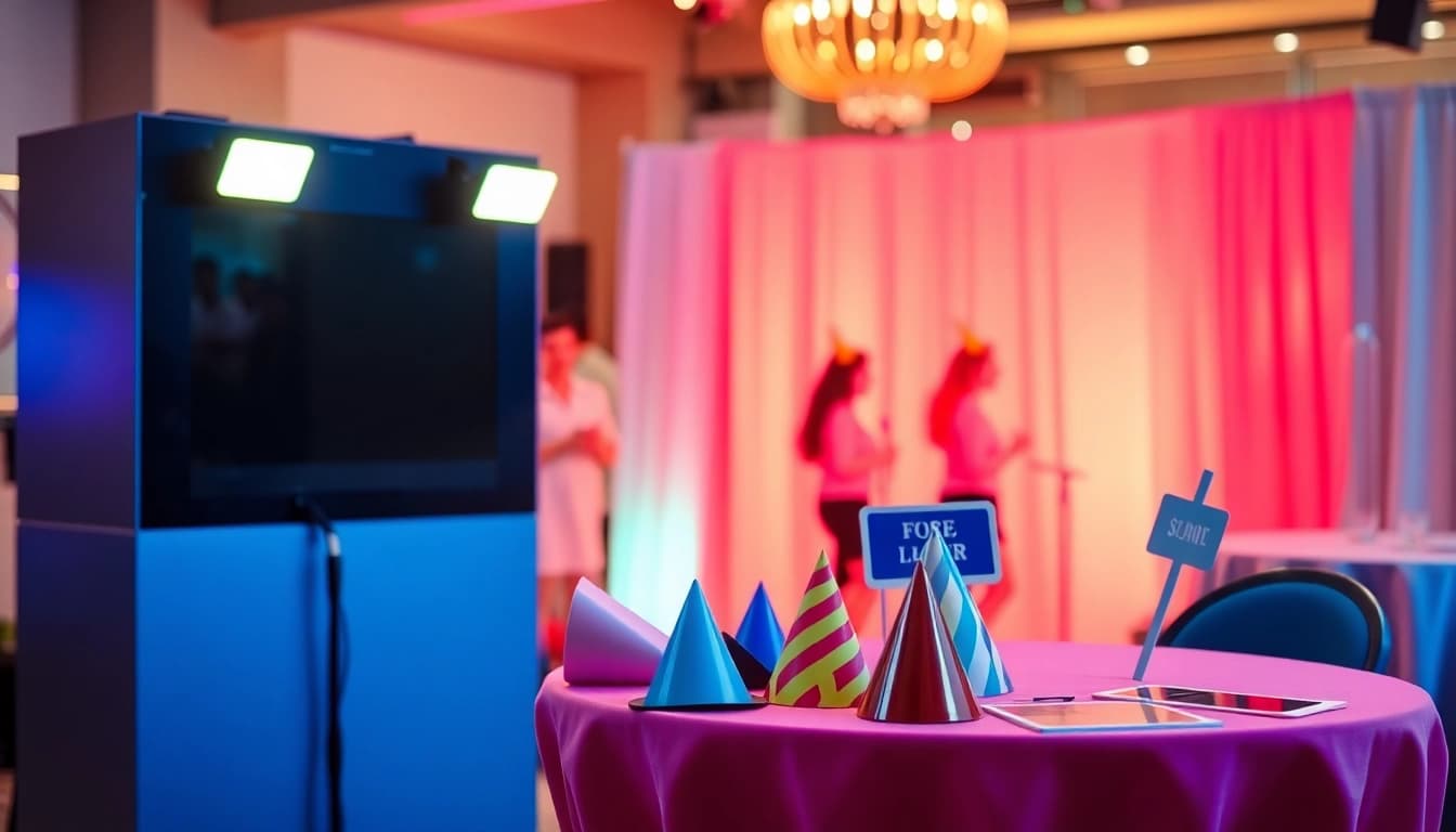 Capture joyful moments at your photo booth rental with vibrant props and eye-catching design.