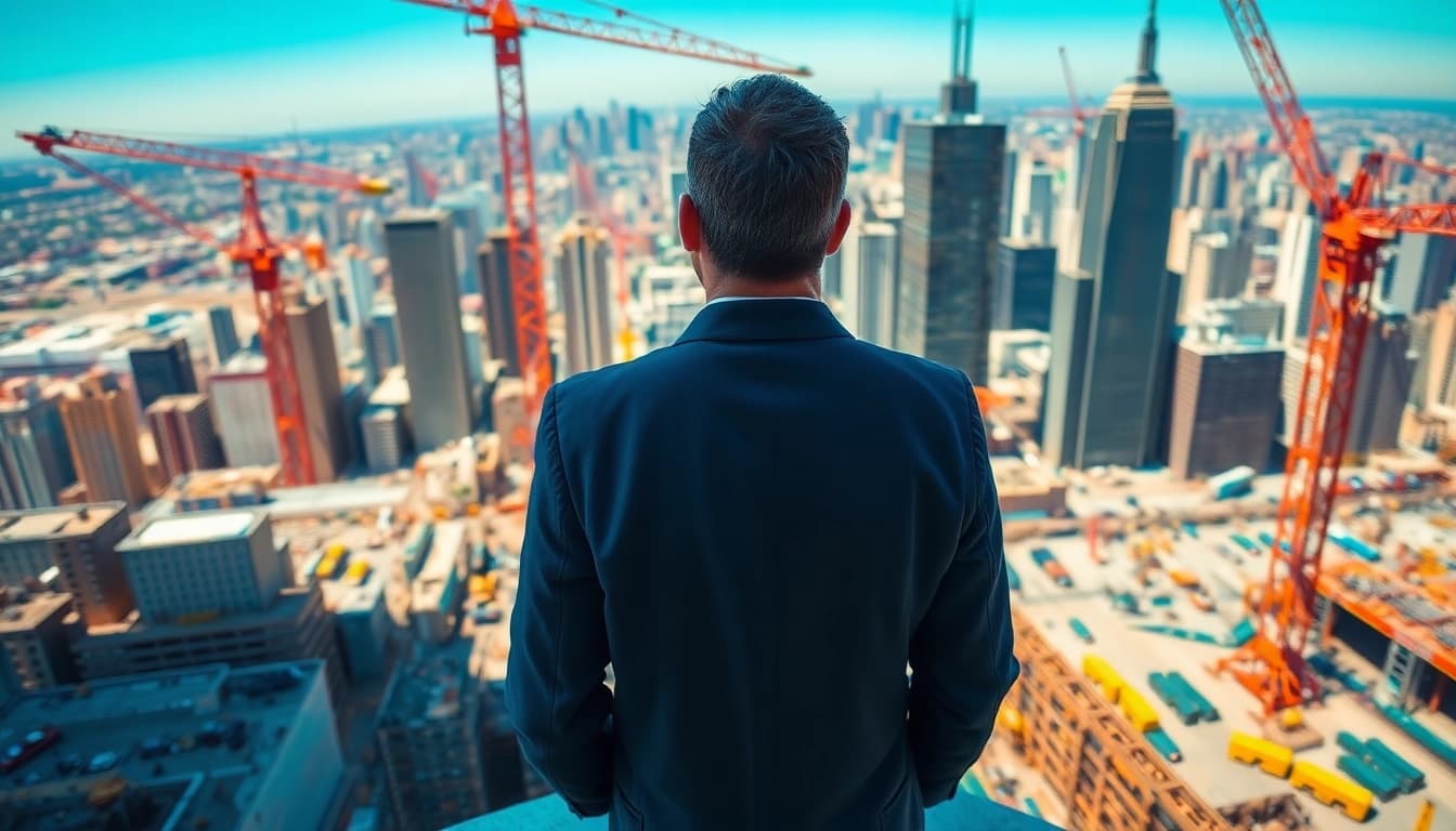 New York City Construction Manager directing a lively construction site with cranes and workers.