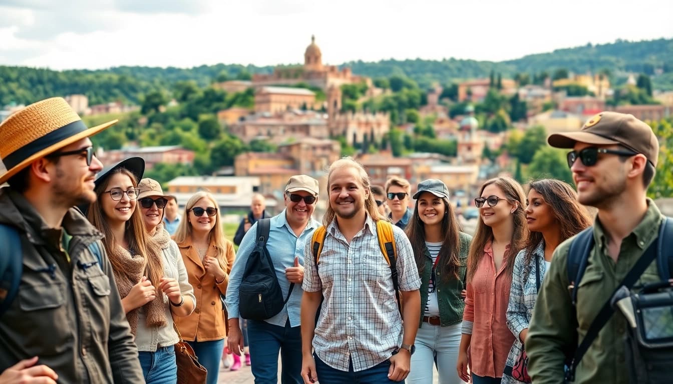 Experience Clarksburg tours as visitors explore vibrant historical landmarks in a scenic setting.