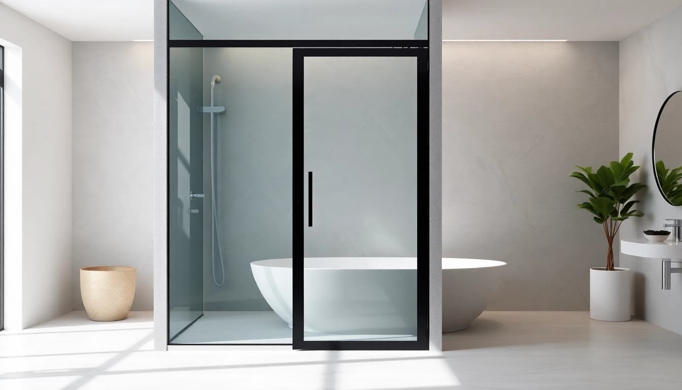 Showcasing a black shower door in a stylish bathroom for a modern aesthetic.