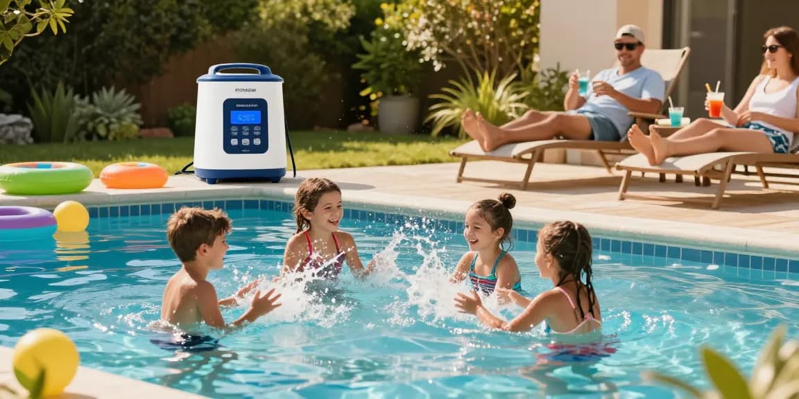 Family enjoying a swim in the pool showcasing Best Pool Chlorinators for easy maintenance