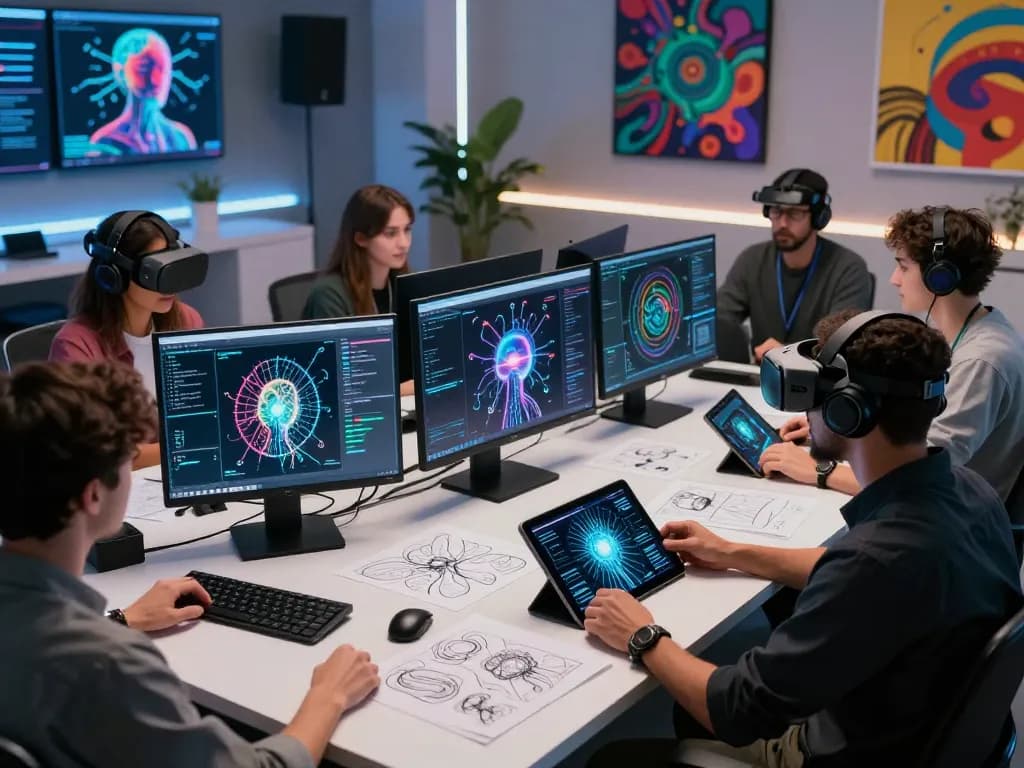 Digital artists collaborating on mind control ai projects in a creative studio environment.