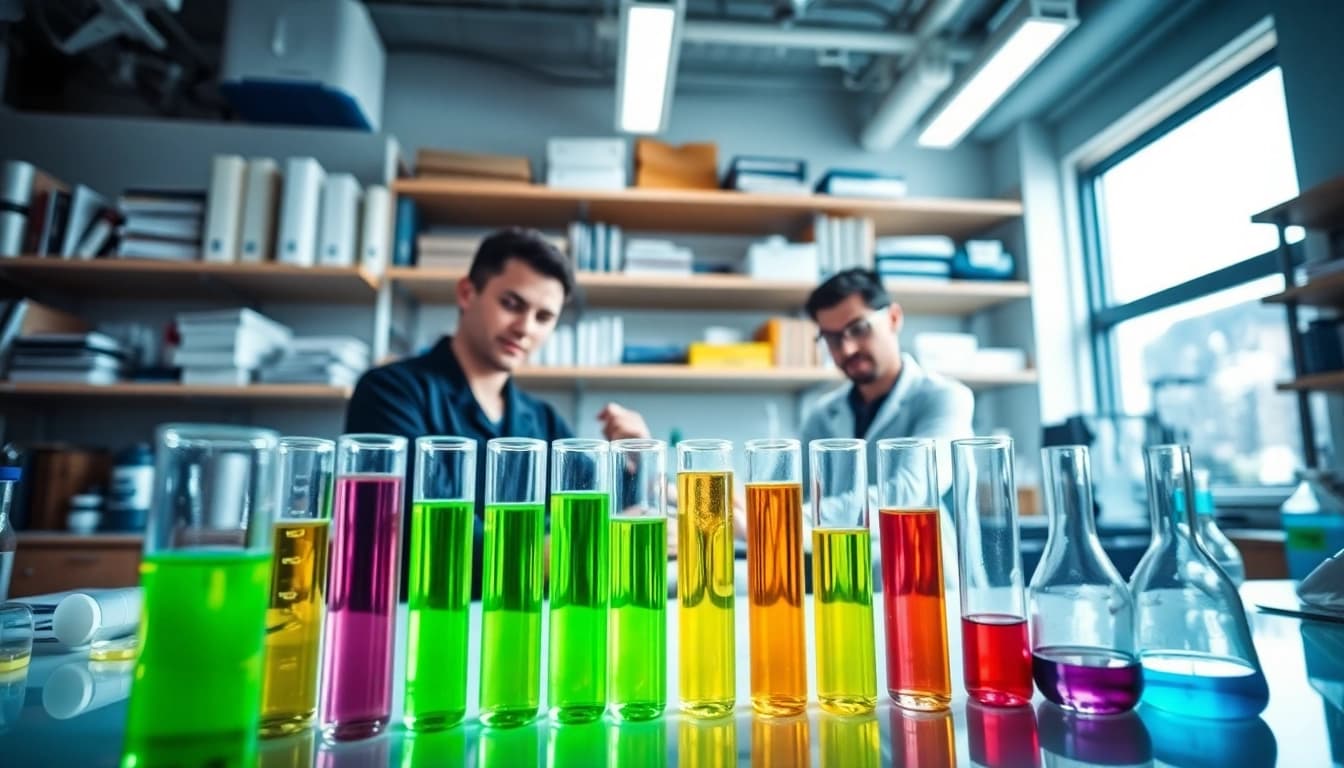 Explore research on peptides at https://hydroresearchpeptides.com/ in a vibrant laboratory scene.