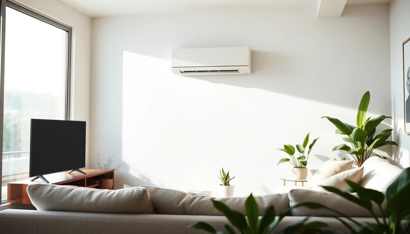 Installations of Mitsubishi mini split AC in a contemporary living room with natural lighting.