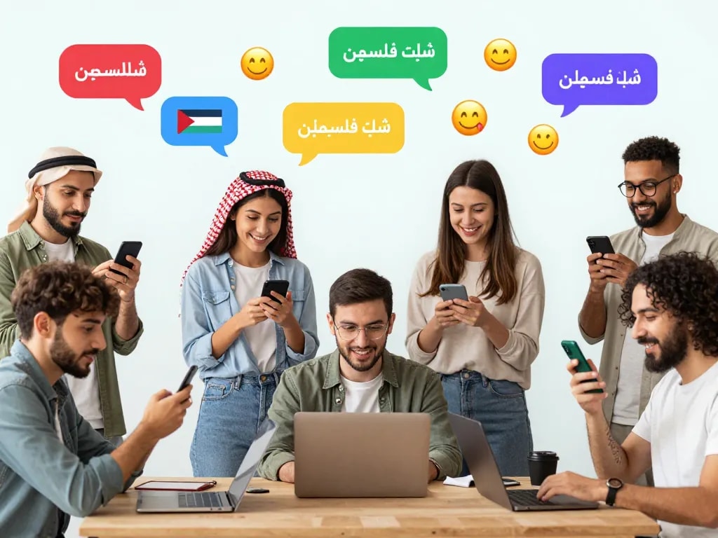 Vibrant digital chat scene representing شات فلسطين with diverse users connecting online.