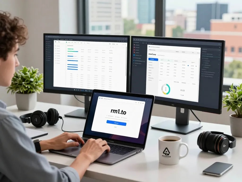 Secure rm1.to login in a modern workspace with digital devices.