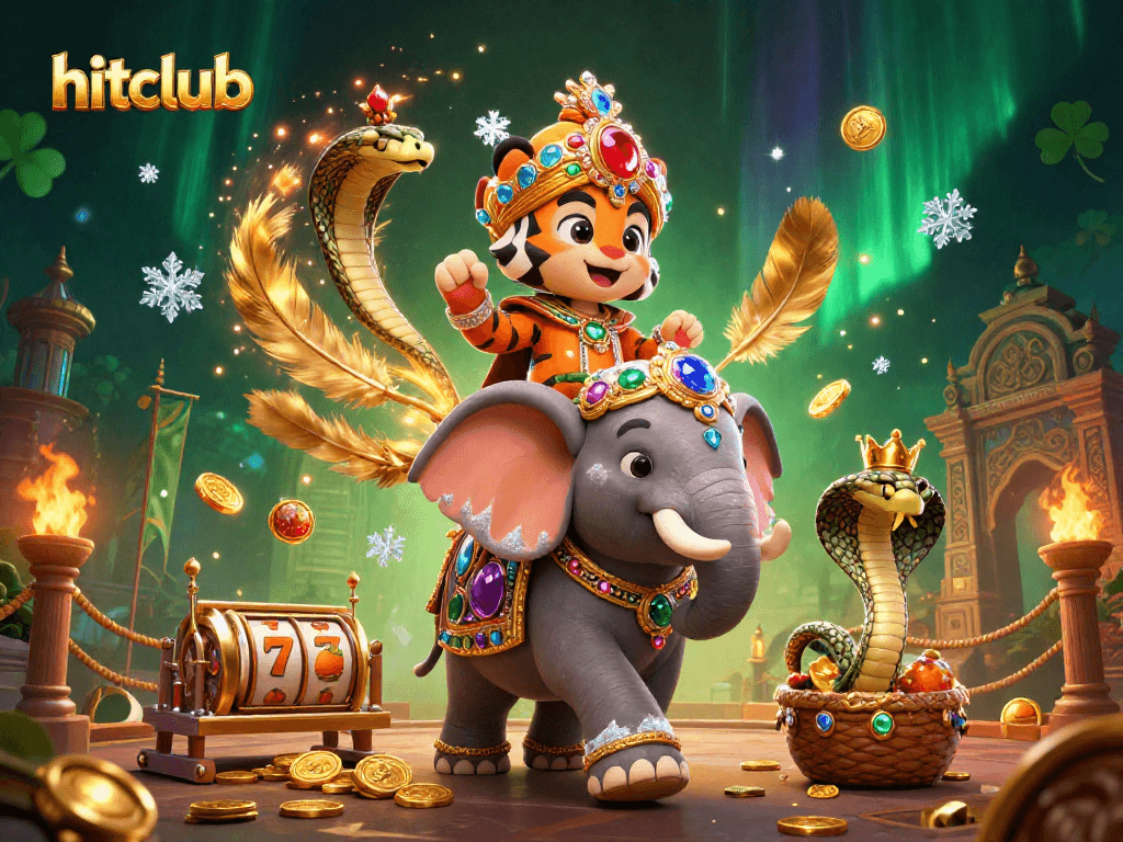 Experience thrilling slots action at hitclub with a vibrant 3D casino scene featuring a royal tiger, elephant, and cobra!