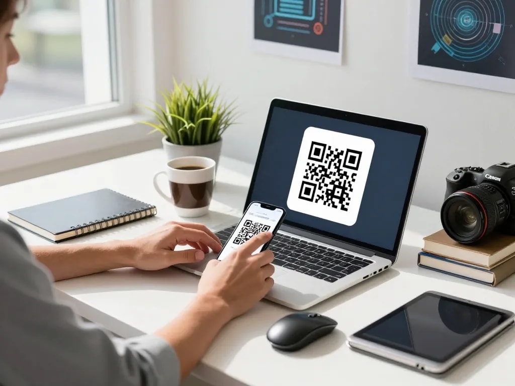 Using an online qr code reader to scan a QR code on a smartphone in a modern workspace.