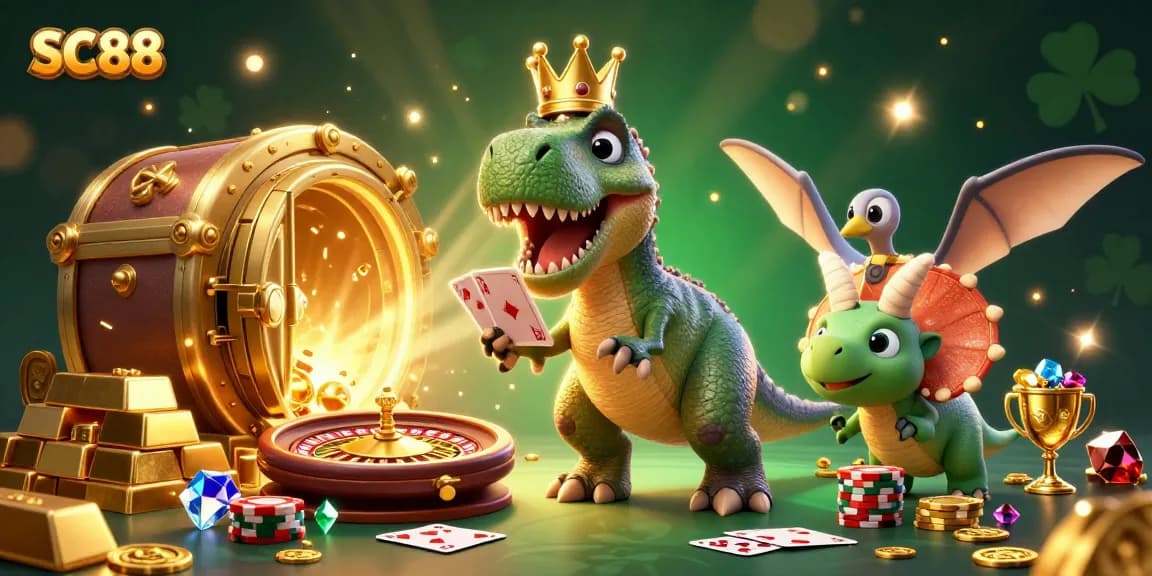 SC88 casino scene featuring a T-Rex, pterodactyl, and triceratops engaged in a fun card game.