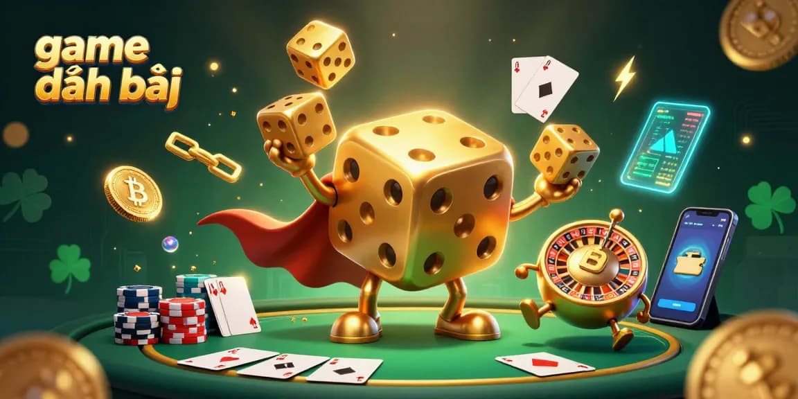 Engage with game đánh bài using a 3D cartoon illustration of dice and poker elements enhancing the gaming experience.