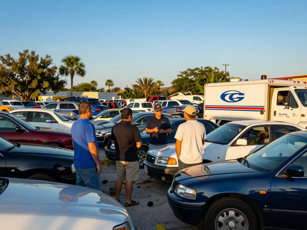 Junk car buyers Fort Myers engaging with diverse vehicles at an automotive salvage yard.