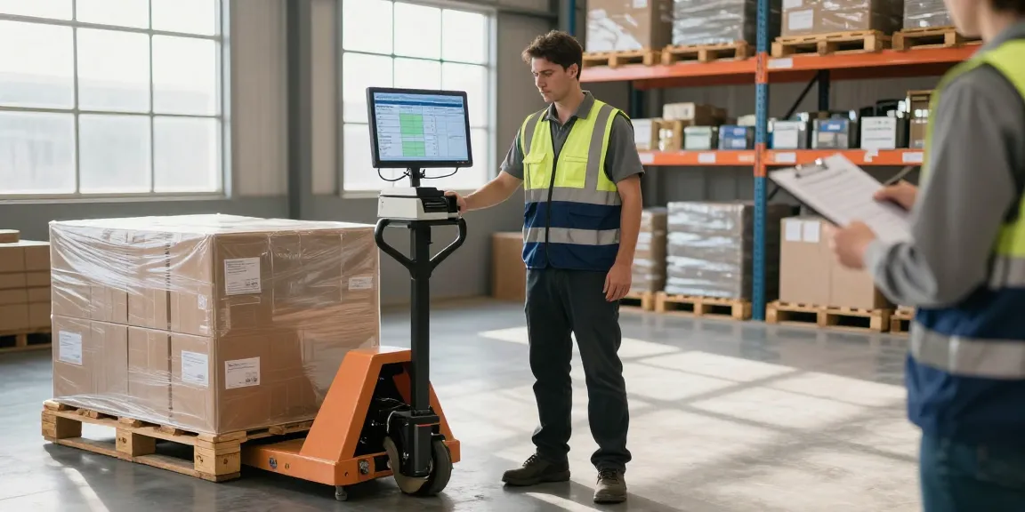 Operator using a manual pallet truck with scale and printer in a busy warehouse setting, managing cargo efficiently.