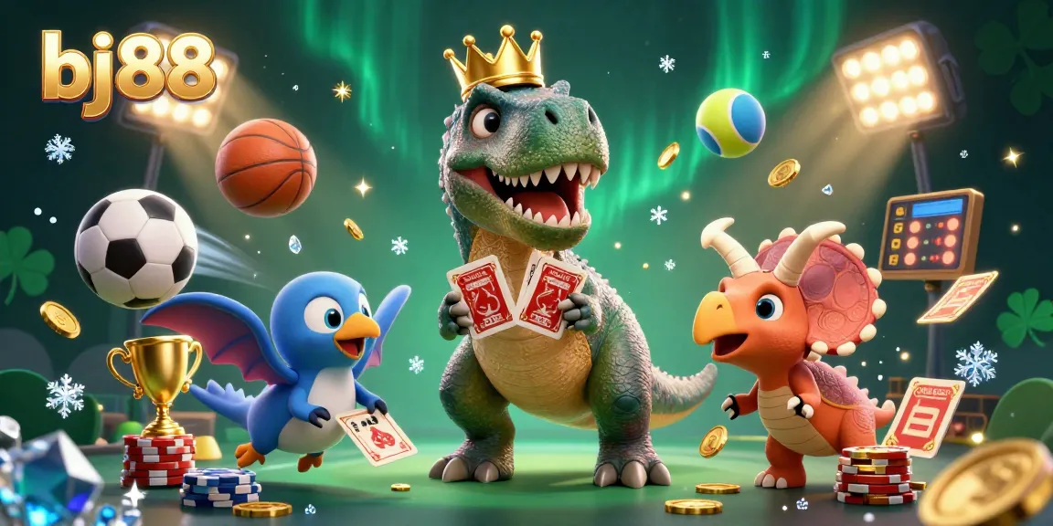 Engaging cartoon scene of bj88 where a T-Rex shuffles cards, a pterodactyl assists, and a triceratops stacks golden chips.