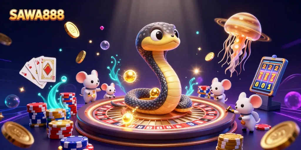 Win big with SAWA888 in a cosmic casino featuring animated gambling elements
