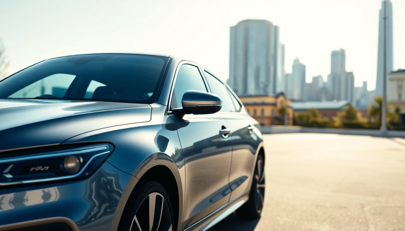 Window tint near me enhancing a vehicle's sleek aesthetic in a vibrant urban setting.