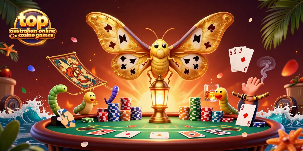 Experience top Australian online casino games with vibrant casino-themed illustration featuring poker elements.