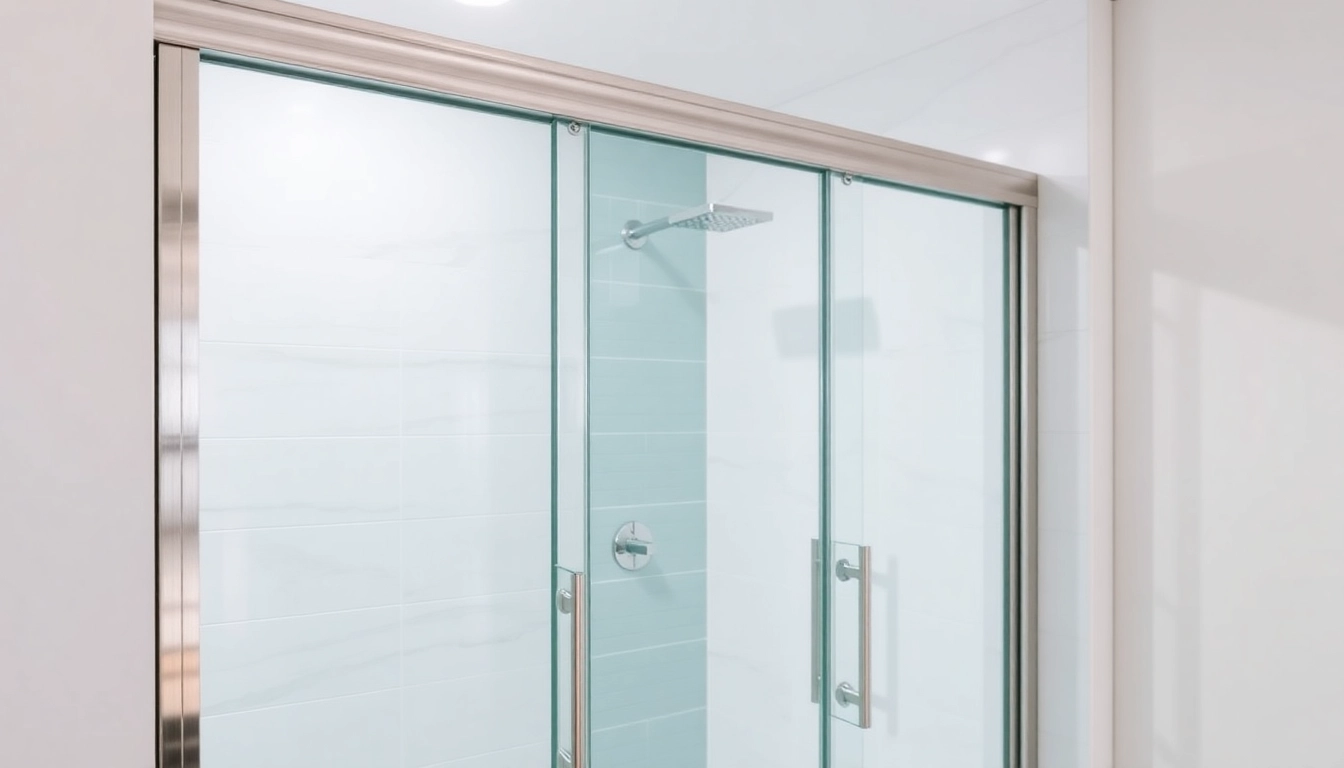 Sliding glass panels of shower doors sliding elegantly in a well-lit modern bathroom.