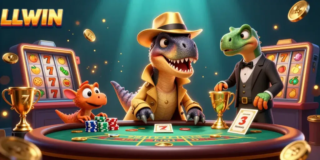 Experience exciting gameplay with LLWIN featuring a velociraptor card counter and a stegosaurus pit boss at a vibrant casino table.