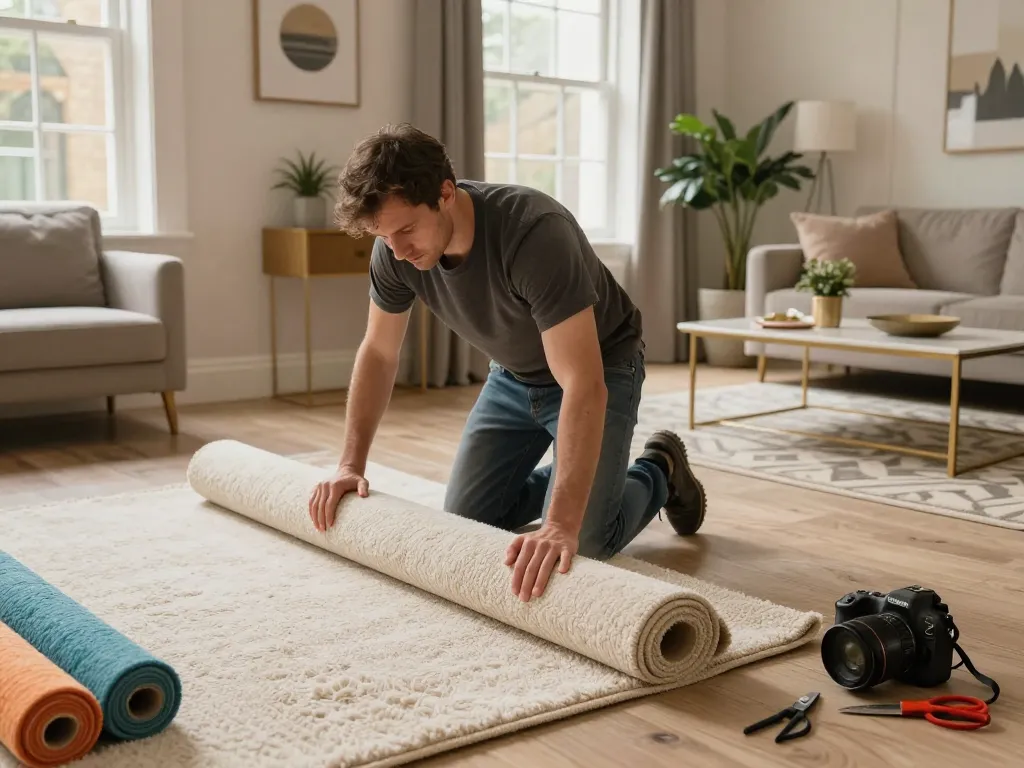 Expert carpet fitting services West London showcased in a skilled installation scene inside a modern home, featuring quality tools and a cozy living space.