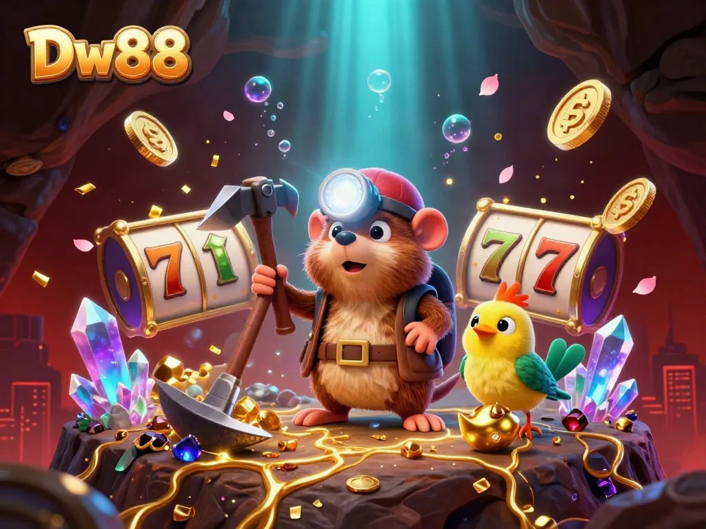 Engage with thrilling gaming moments at Dw88, featuring a treasure hunter mole and dynamic casino elements.