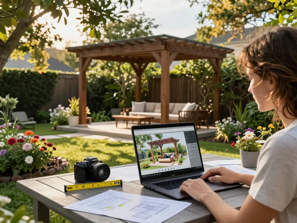 Designing an outdoor space with an online pergola configurator in a lush garden.