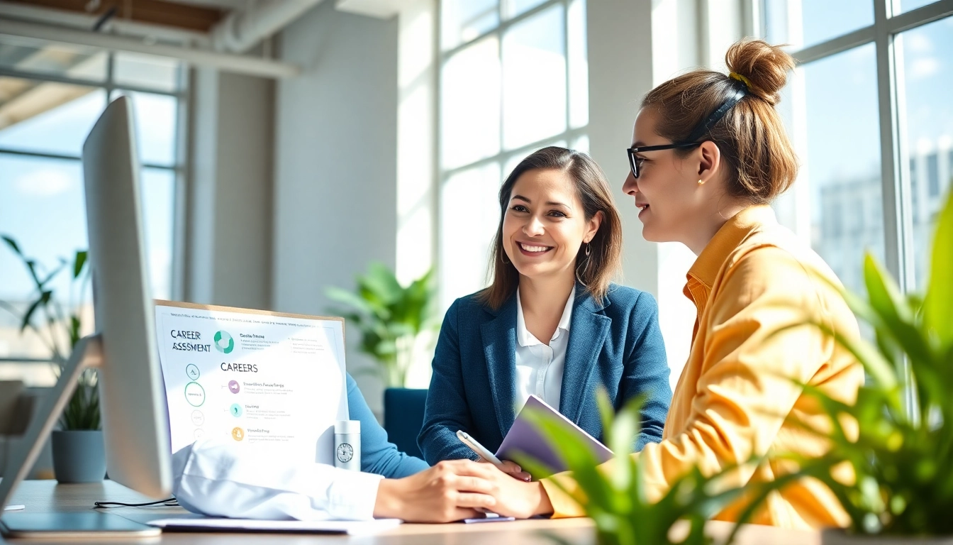 Illustration of a career advisor helping clients find their ideal career in a bright office.