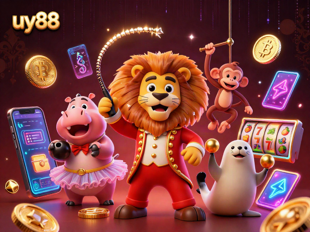 Engage in vibrant uy88 casino action with a lively circus scene featuring crypto-themed elements.