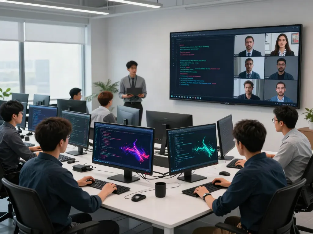 Web application penetration test in a high-tech cybersecurity team workspace.