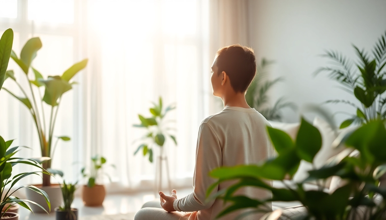 Meditating individual promoting mental wellness in a tranquil setting surrounded by calming nature.