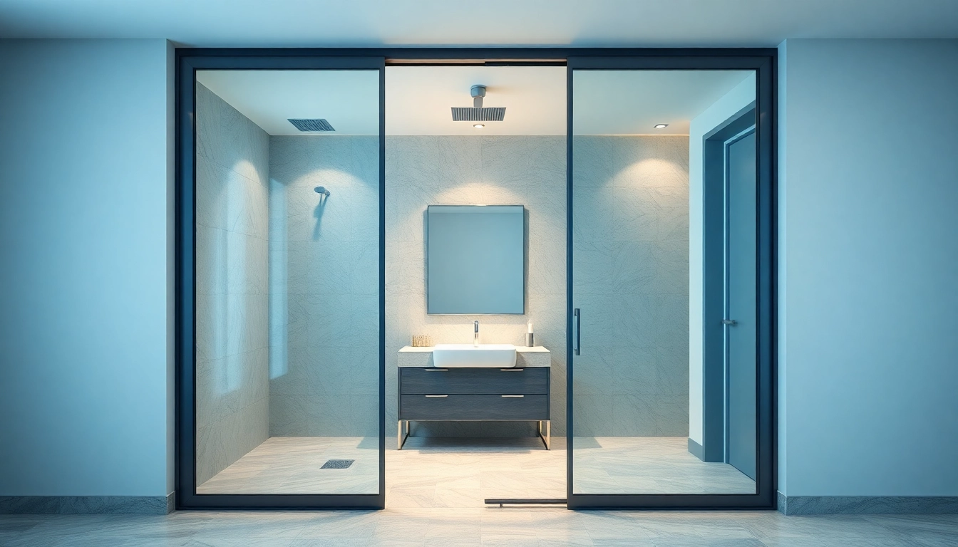 Stylish shower doors sliding open in a contemporary bathroom, showcasing luxurious design.