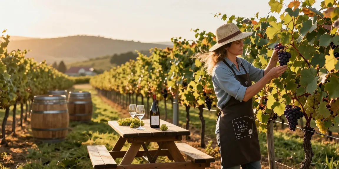 Boutique wines in Long Island vineyard during golden hour with owner inspecting grapes and wine tasting setup.