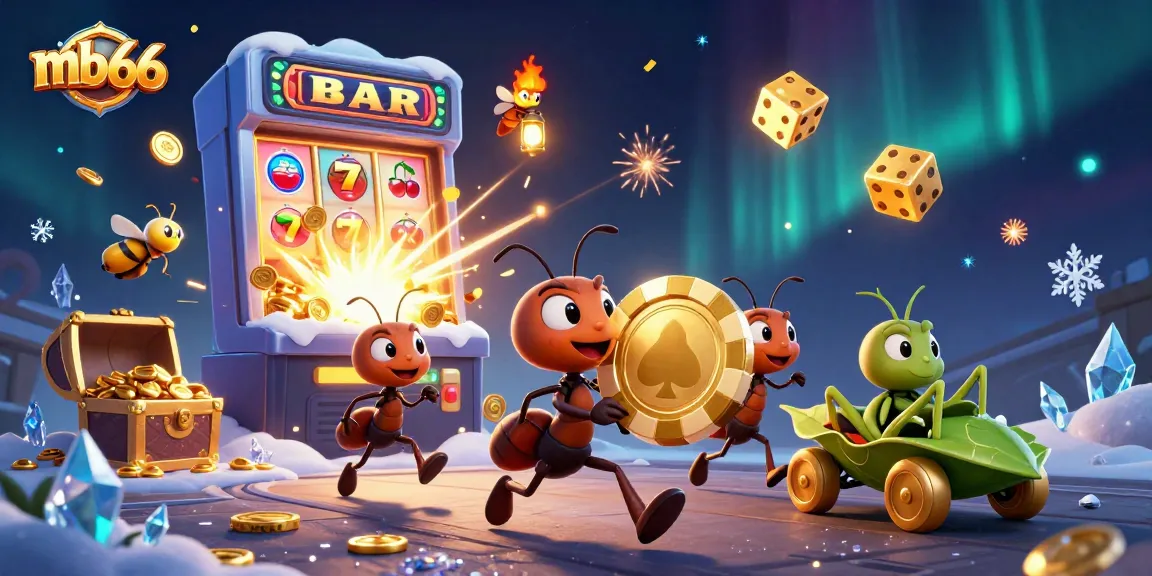 Engaging mb66 scene with cartoon ants heisting a giant poker chip amidst vibrant casino elements and festive confetti.