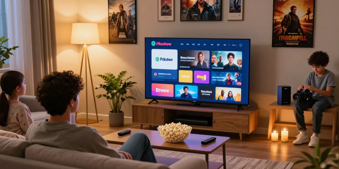 Pikashow APK streaming interface shown on smart TV in a cozy living room.