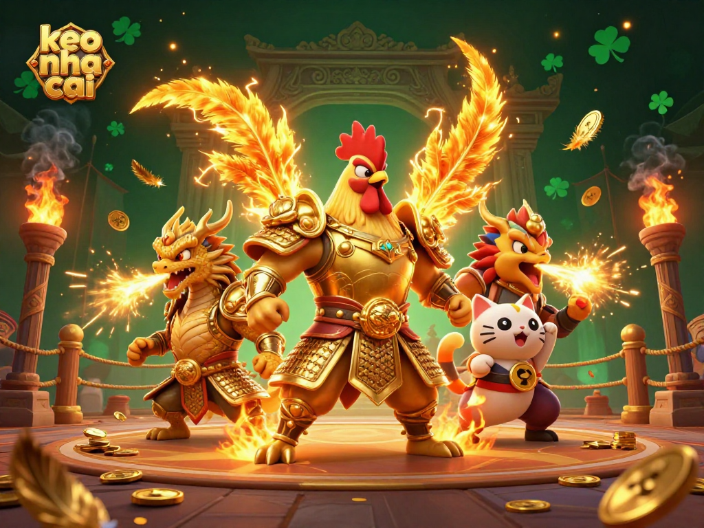 Experience thrilling keo nha cai action with a dynamic 3D illustration of a rooster warrior and dragon amidst rich casino elements.