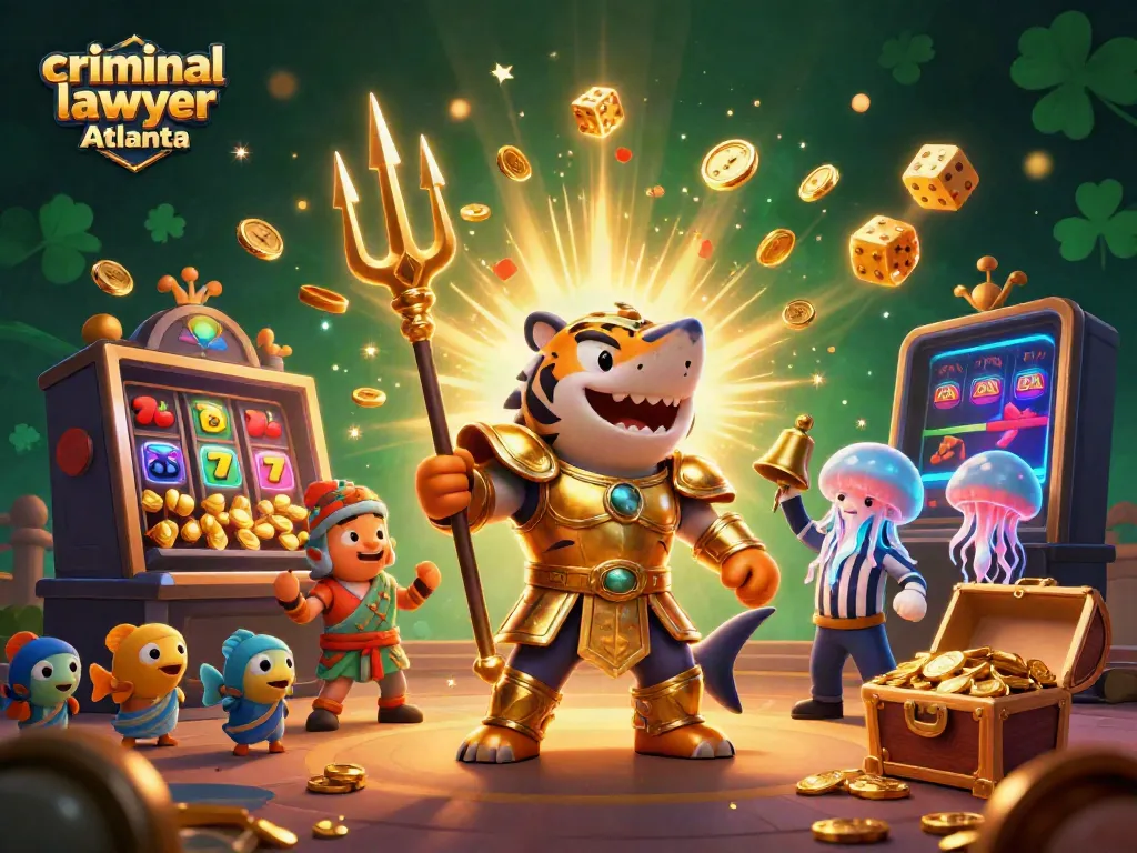 Experience winning with a criminal lawyer Atlanta amidst a vibrant casino illustration featuring slot machines and festive energy.