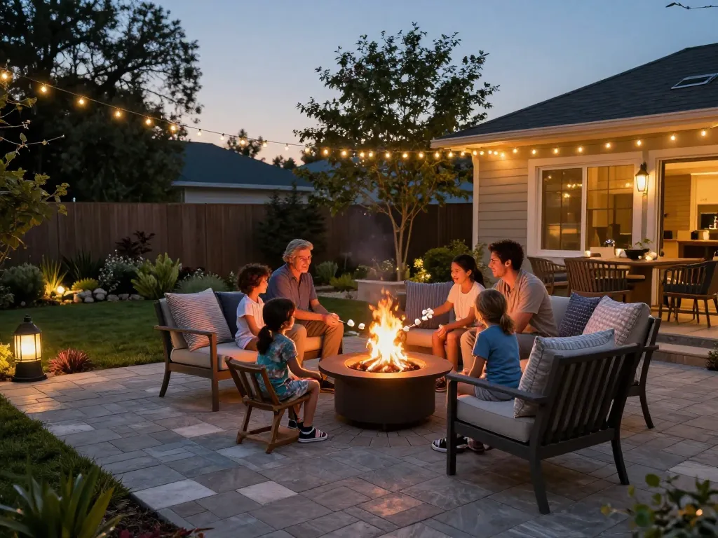 Pavers near me featured in a stunning backyard patio setting, with families enjoying a fire pit and landscaped garden.