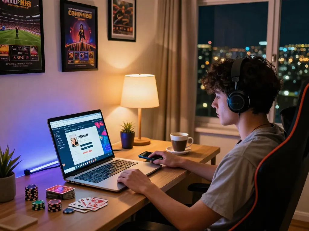 login situs m88 displayed on laptop in cozy gaming setup with vibrant ambiance