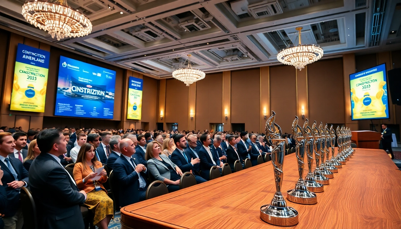 Celebrating construction awards with elegant setups and enthusiastic participants in a bright venue.