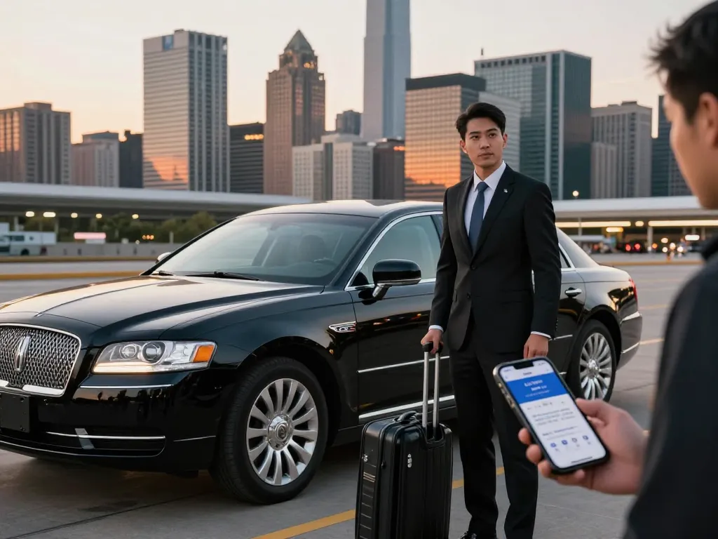 Chauffeur service to O’Hare with professional driver beside luxurious Lincoln Continental in Chicago's sunset.