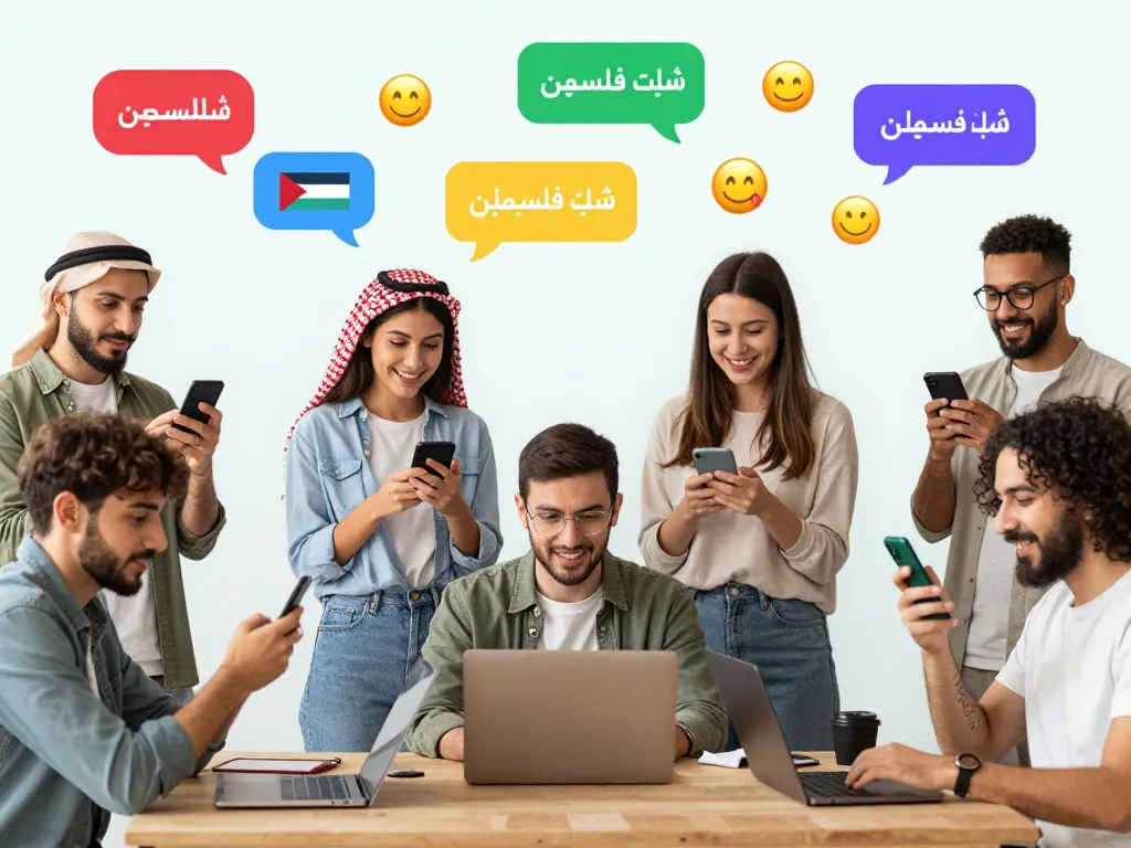 Vibrant digital chat scene representing شات فلسطين with diverse users connecting online.