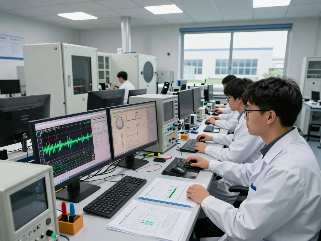 Engineers conducting VSWR measurement analysis in a high-tech EMC testing lab.