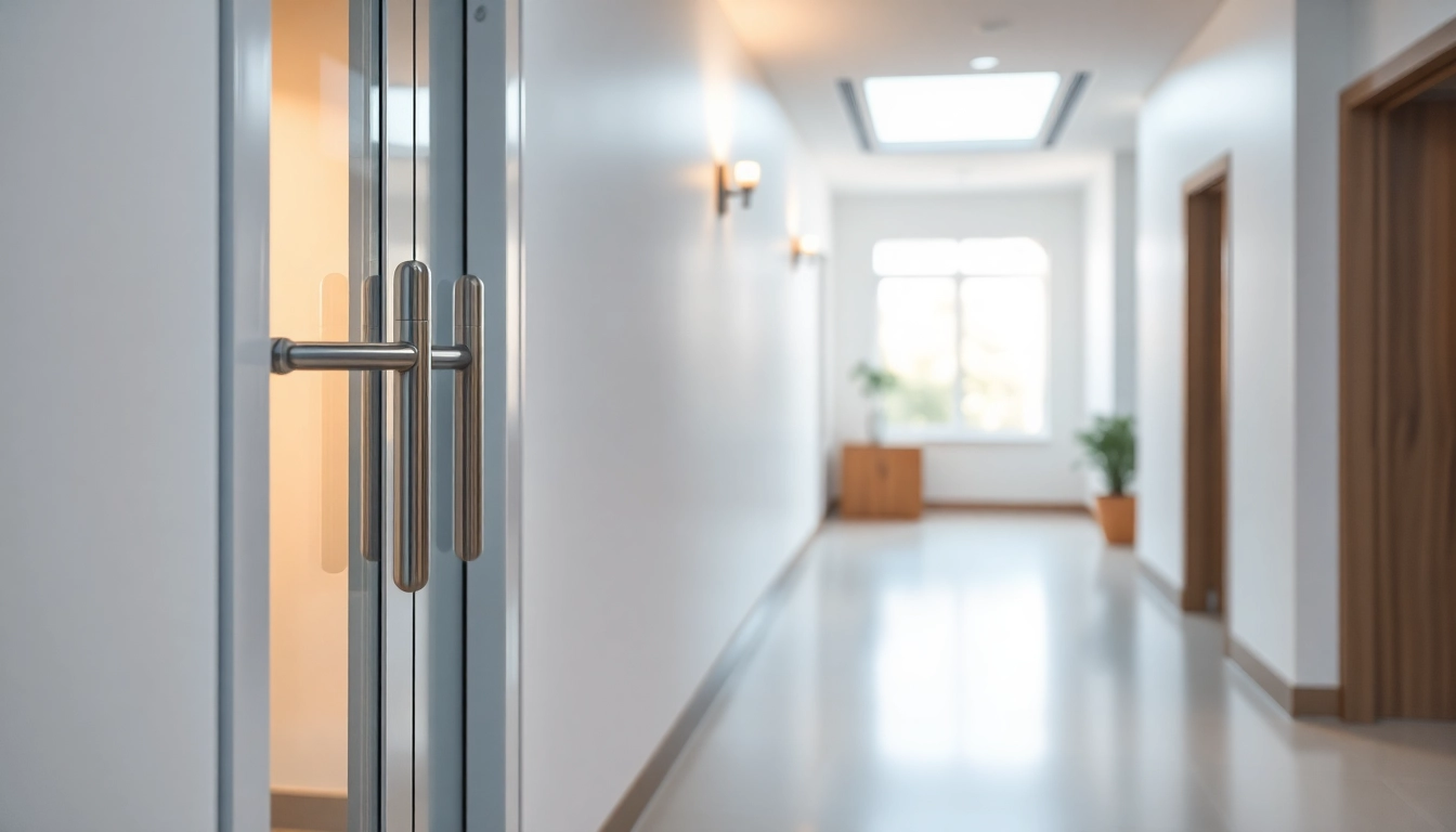 Stylish exit door enhancing a modern interior design with sleek lines and warm lighting.