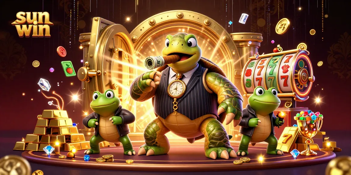 Engage in the exciting world of sun win slots with a vibrant 3D illustration featuring unique casino characters and treasure.