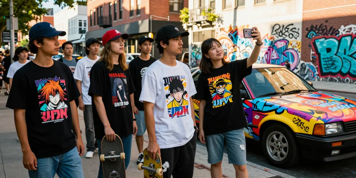 Young adults wearing jdm graphic tee in vibrant city scene around classic car, showcasing streetwear culture.