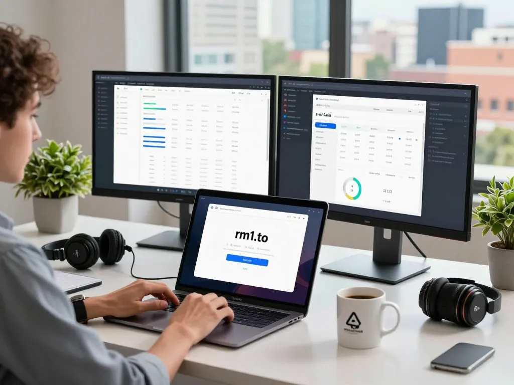 Secure rm1.to login in a modern workspace with digital devices.