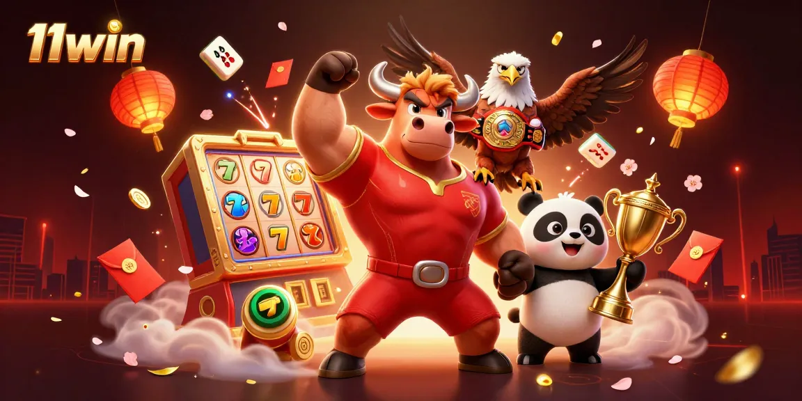 Experience the thrill of winning with 11win's vibrant casino scene featuring a lively cartoon bull mascot.